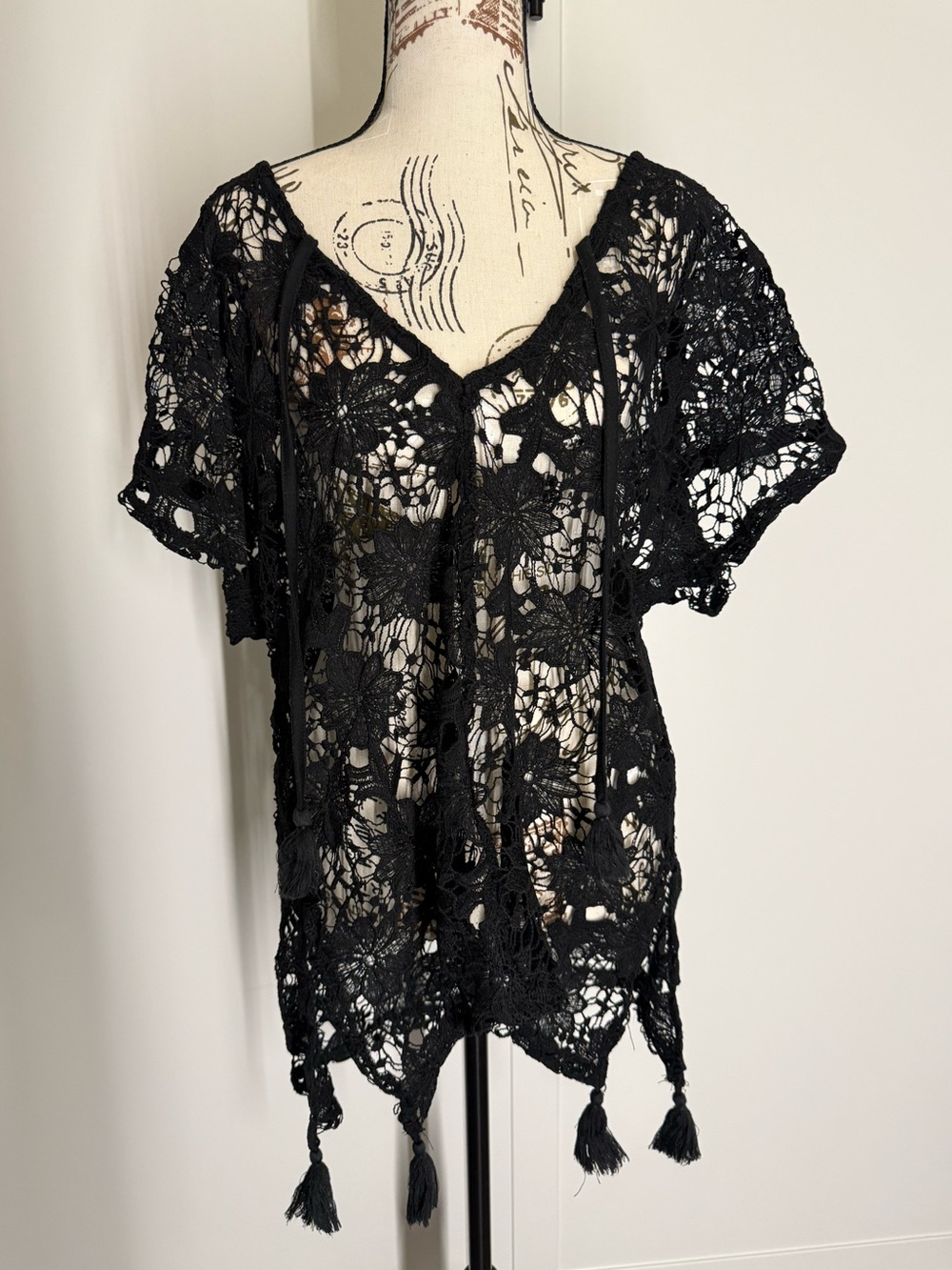 Xhilaration Black Crochet Lace Cover-Up with Tassel Detail